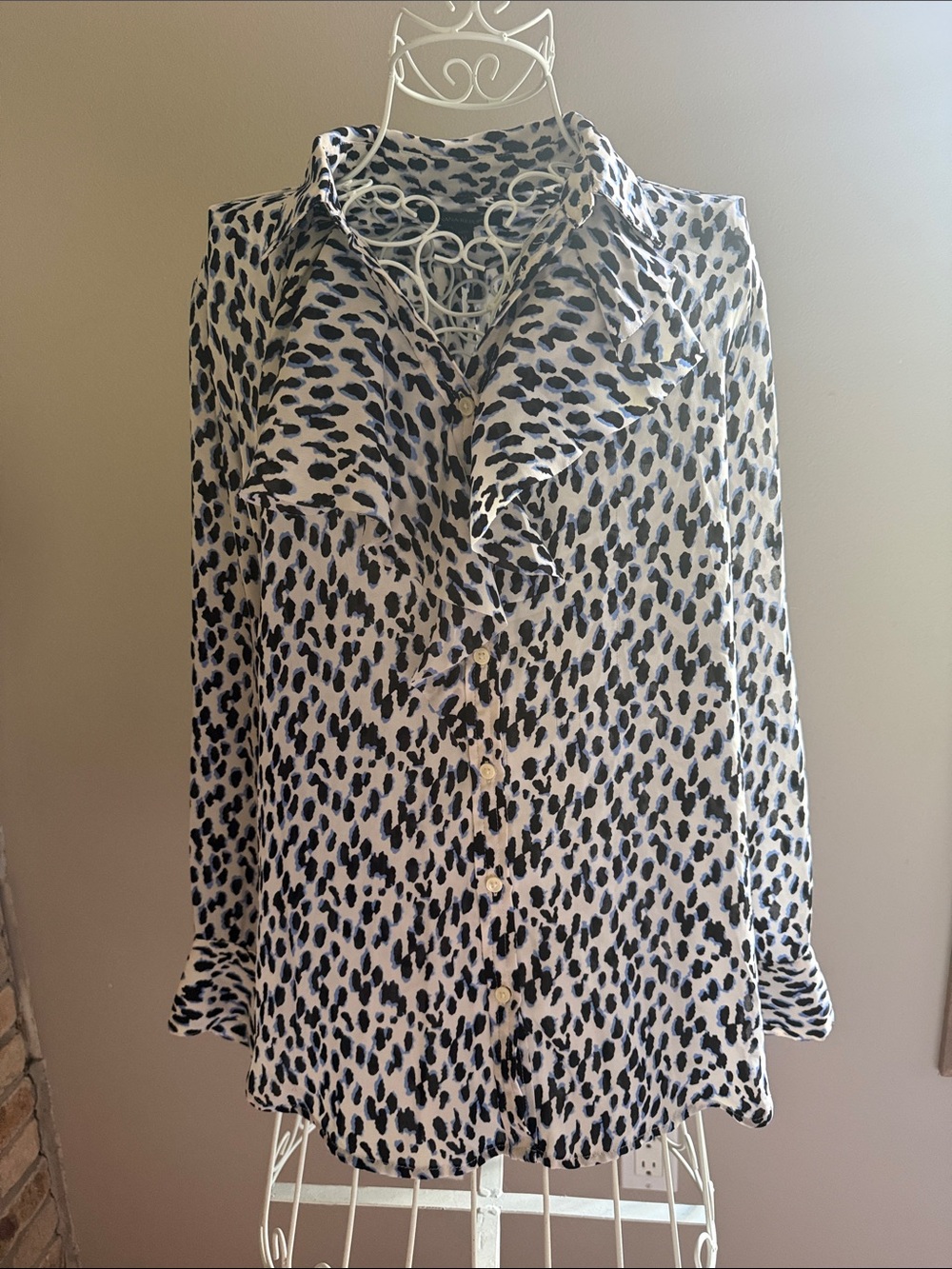 Banana Republic Black and White Leopard Print Ruffle-Front Blouse